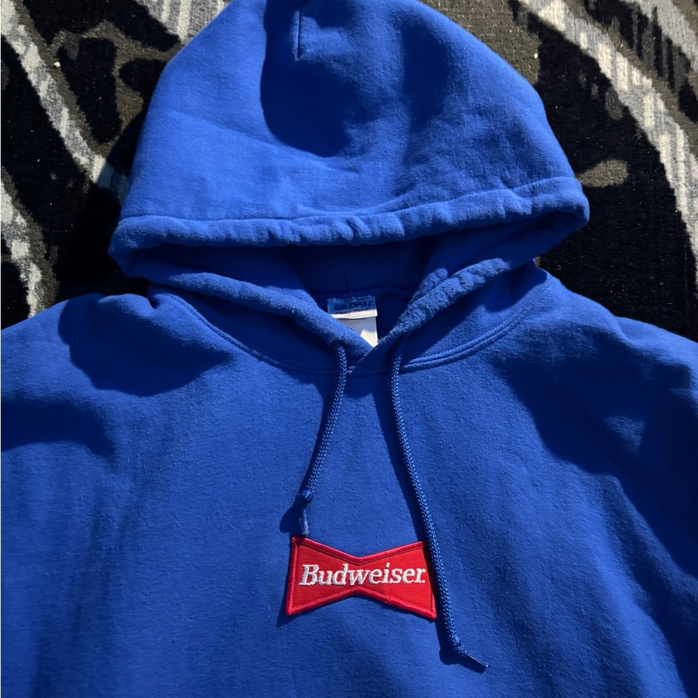 Gildan Men's Royal Blue Crewneck Hoodie with Red Budweiser Logo